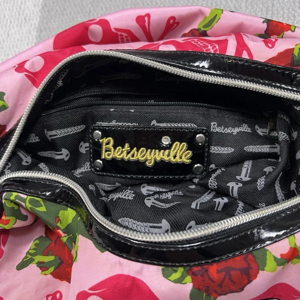 Betseyville Pink Skull Rose Print Hobo Shoulder Bag Studded Accents Y2K Emo Goth